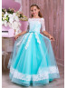 Elbow Sleeves White Lace Turquoise Tulle Unique Flower Girl Dress Elbow Sleeves White Lace Turquoise Tulle Unique Flower Girl Dress